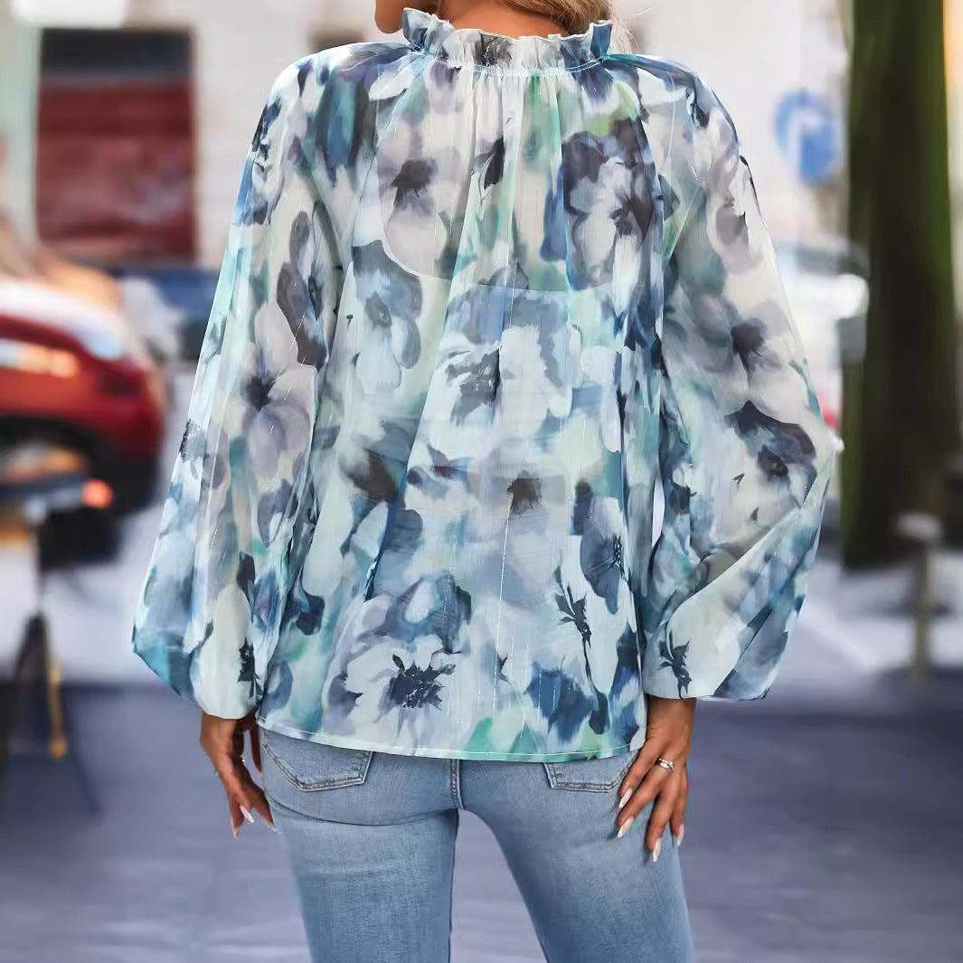 Ropa de mujer Camisa elegante de manga larga con cuello alto y encaje para primavera y otoño