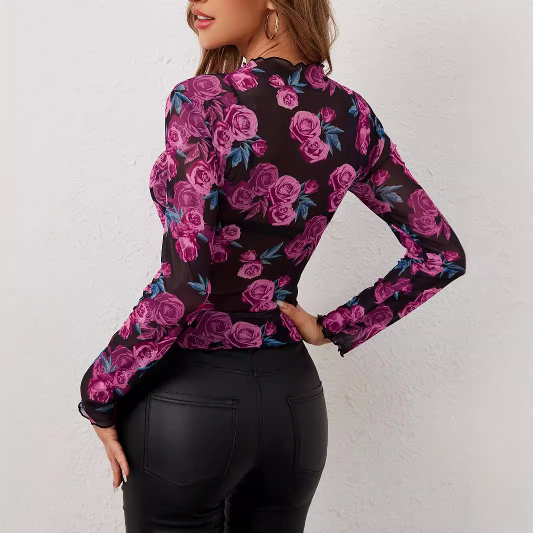 Blusa elegante con cuello alto y gasa con orejas de madera para mujer, con estampado floral, elegante, para otoño e invierno