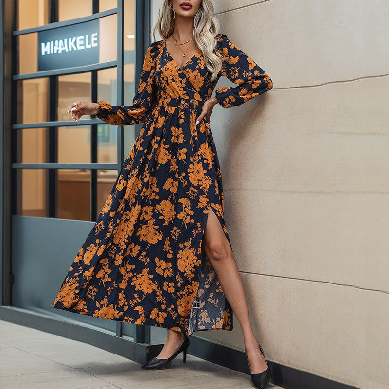 Dress Autumn Long Sleeve V Neck Printed Dress