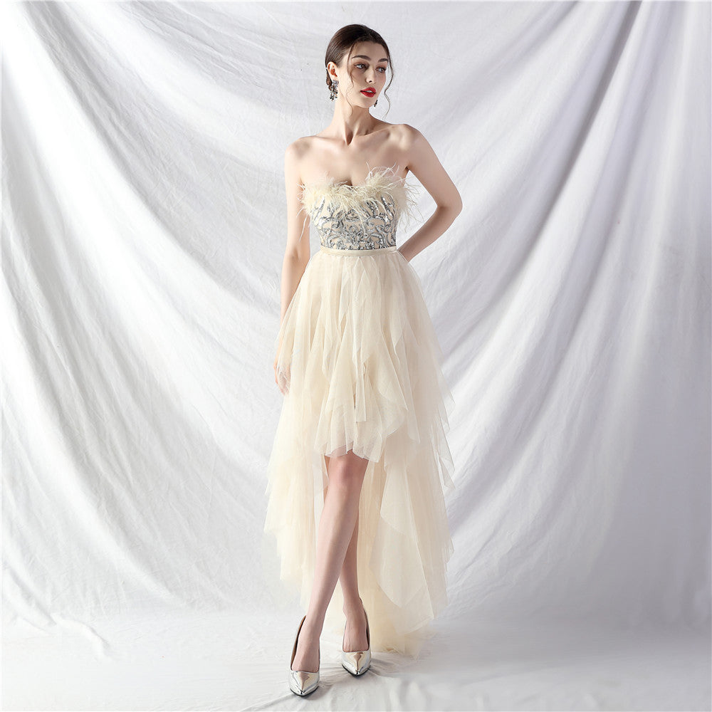 Hand Ordered Ostrich Feather Positioning Floral Sequin Mesh Front Short Back Long Wrapped Chest Evening Dress