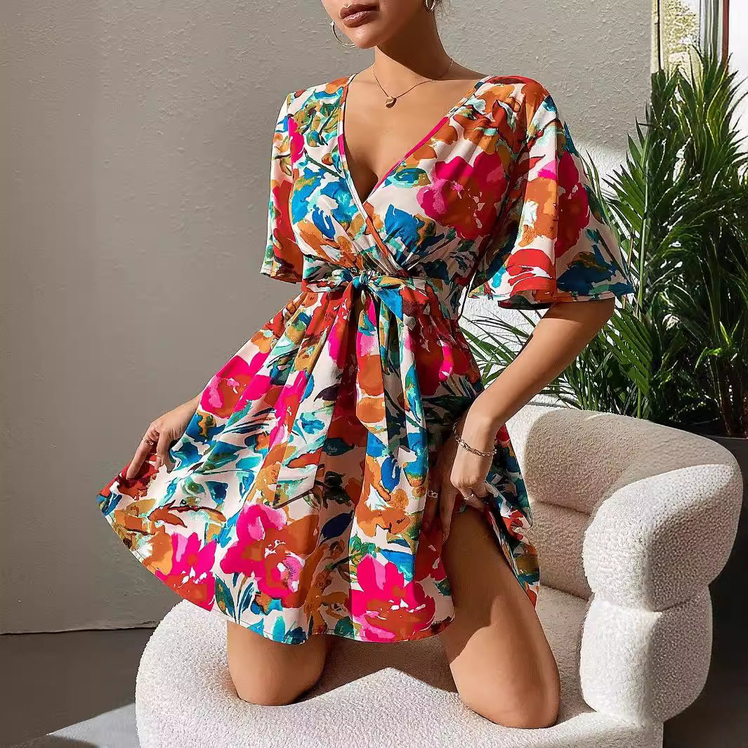 Summer Elegant Lady Floral Print Cross Collar Belt Dress