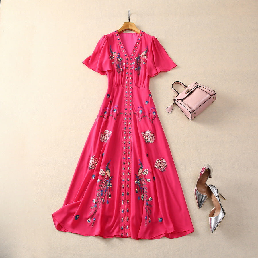 Embroidered Flower Sequined Bell Sleeve V-neck Dress