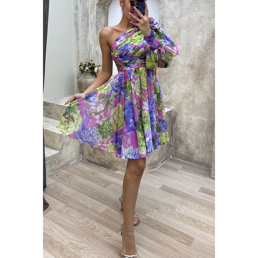 Slant Shoulder Casual Women Printed Wear Dress Party Zipper Dress