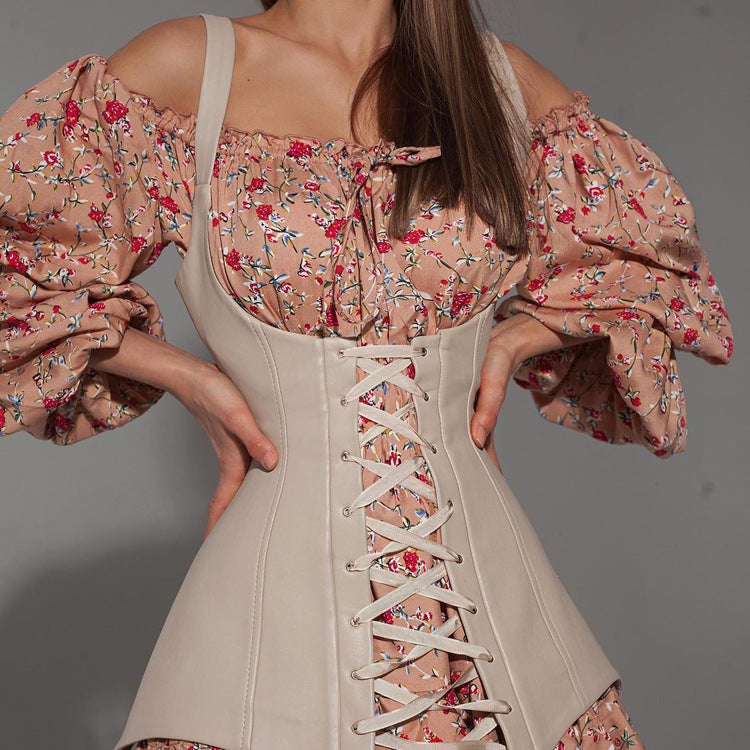 Ropa de mujer Vestido floral de manga larga de otoño con chaleco cintura ajustada que adelgaza un vestido de línea