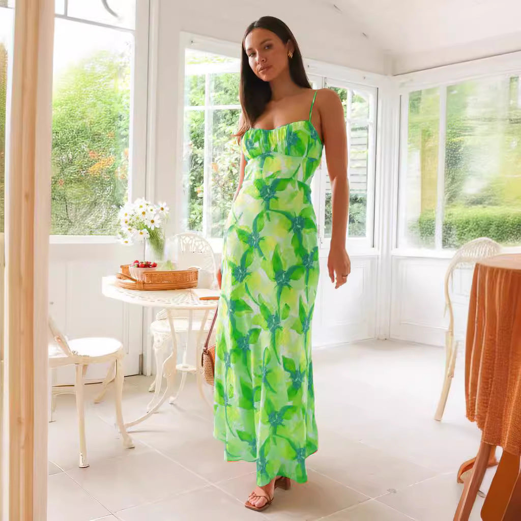 Robe mi-longue dos nu à imprimé floral d'été frais et doux