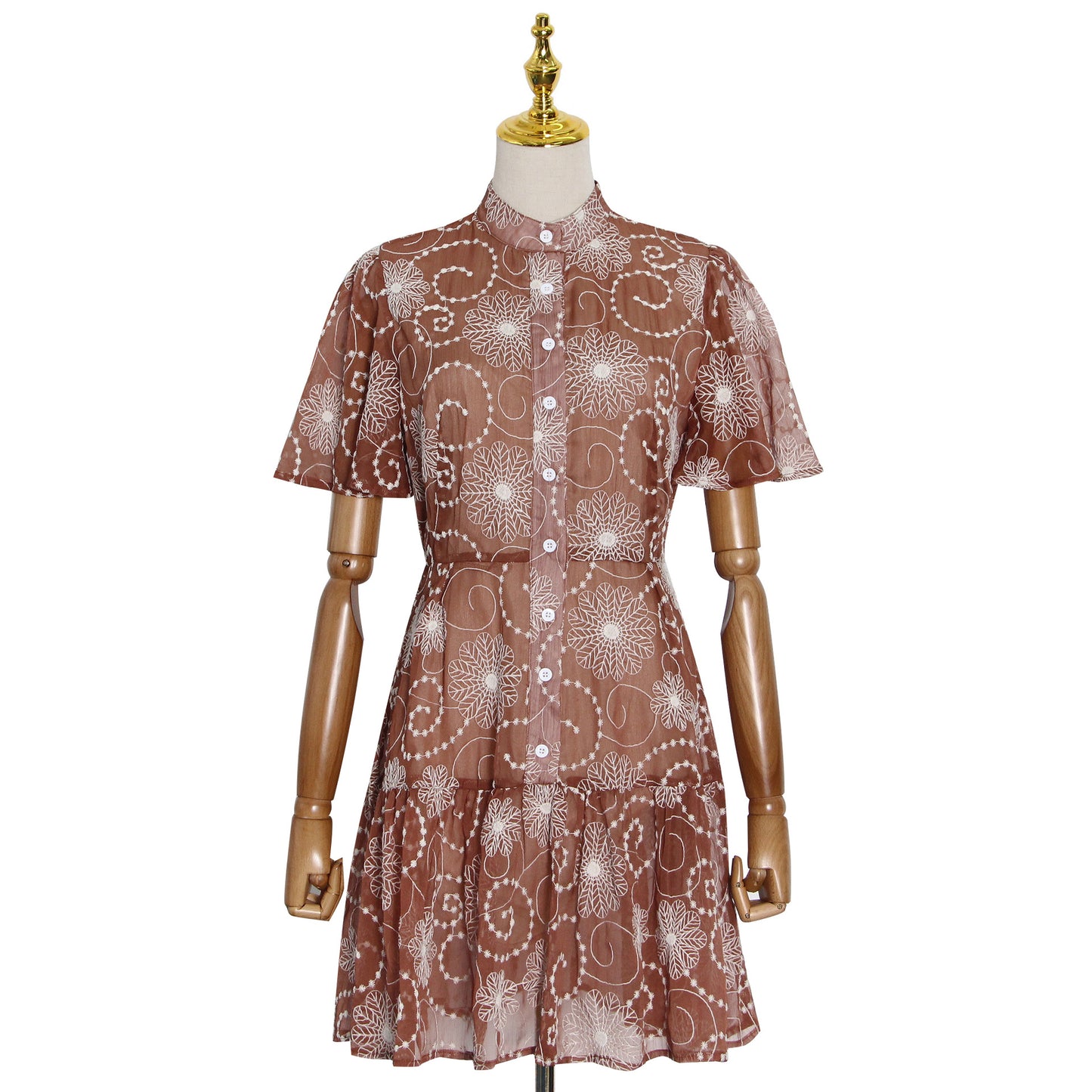 Early Spring Elegant Stand Collar Short Sleeve Printed Short Dress Plus Size Tiered Dress