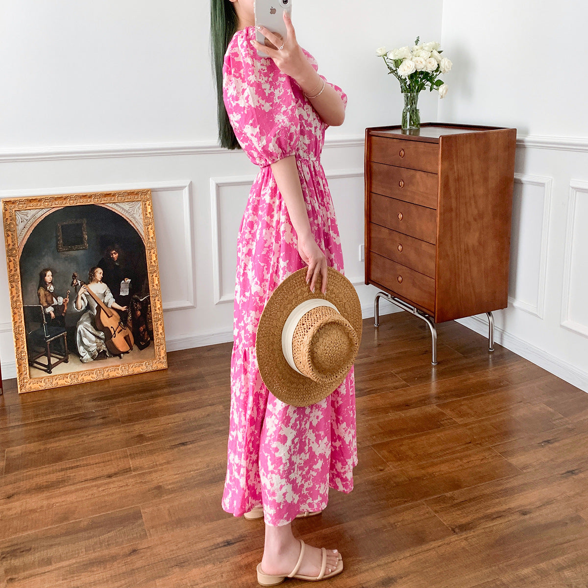 Printemps et été nouvelle robe longue superposée imprimée manches bouffantes Rose rouge