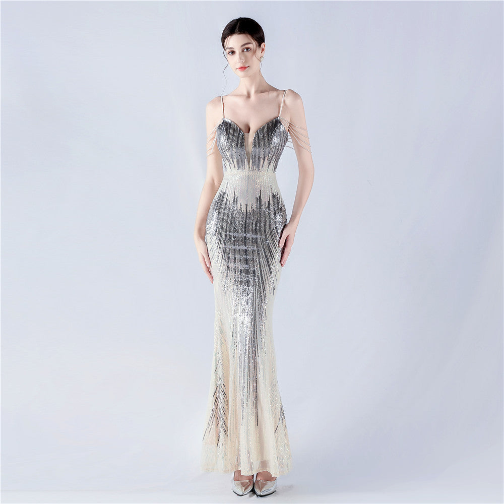 Dress Positioning Floral Sequin Craft Beaded Strap Evening Dress