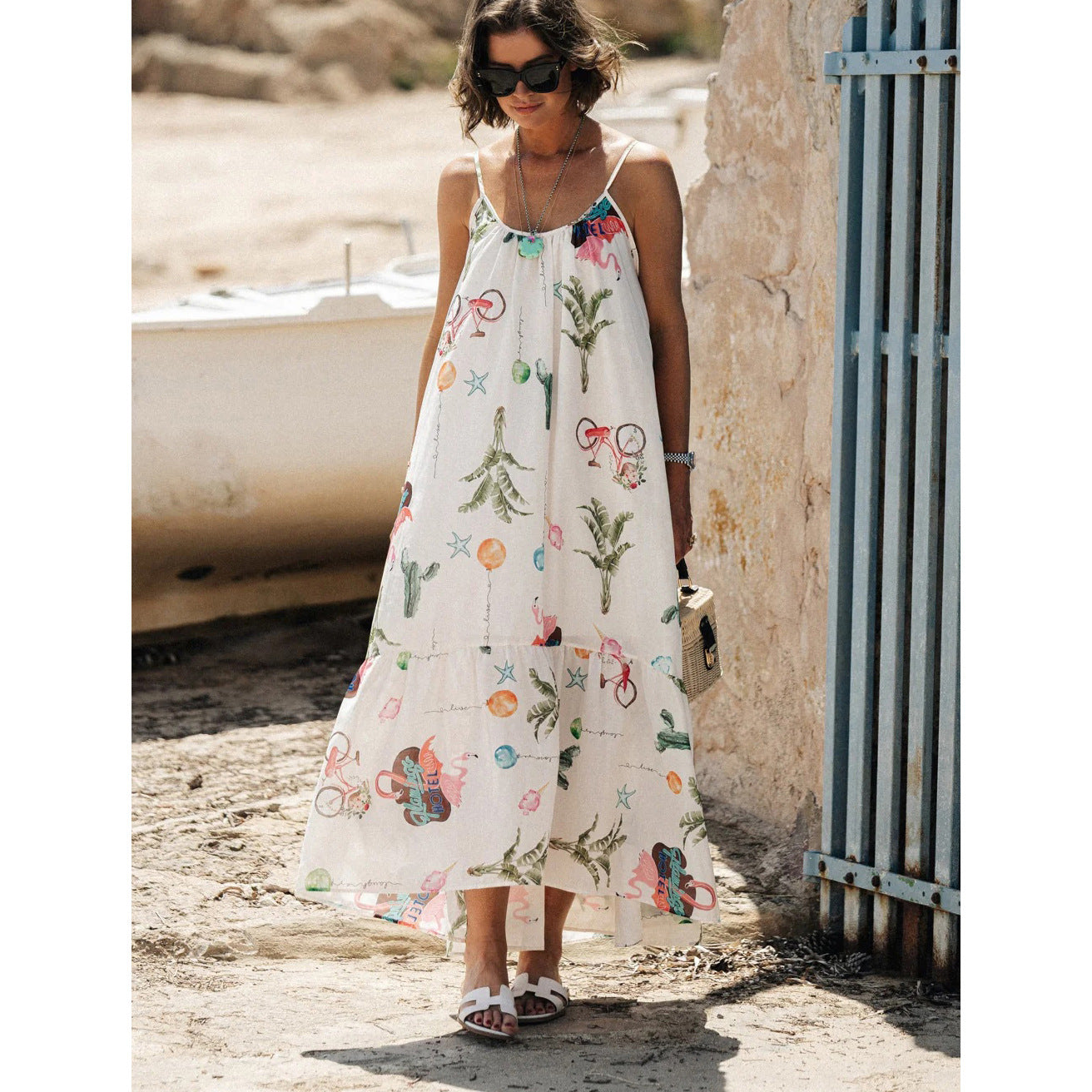 Robe de vacances décontractée ample à imprimé floral à bretelles spaghetti superposées printemps été