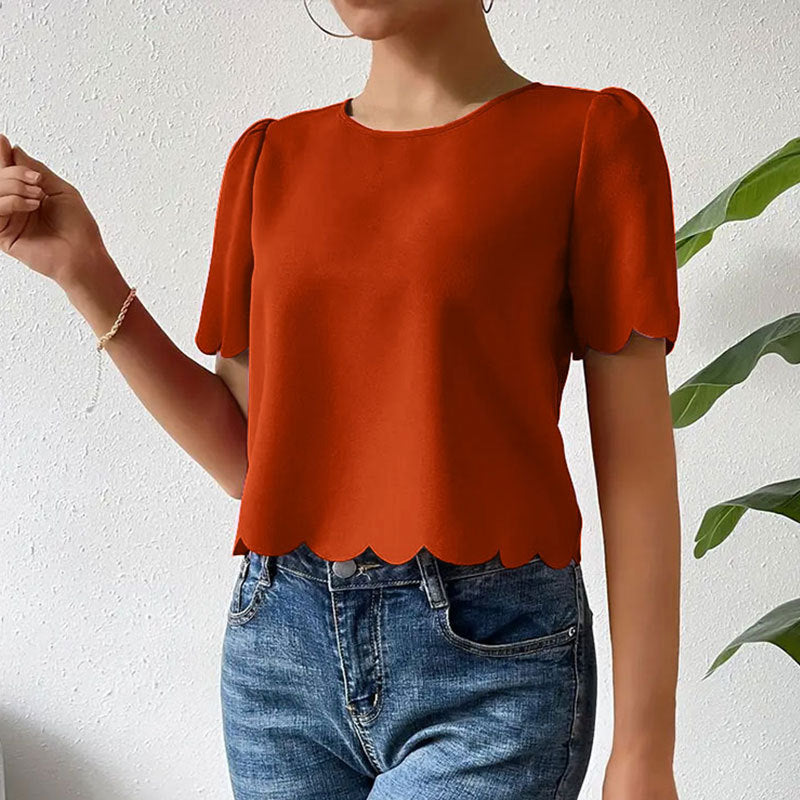 Solid Color Burnt Floral Scalloped Crop Top Short Top Women Round Neck Short Sleeve Shirt T shirt Women Summer