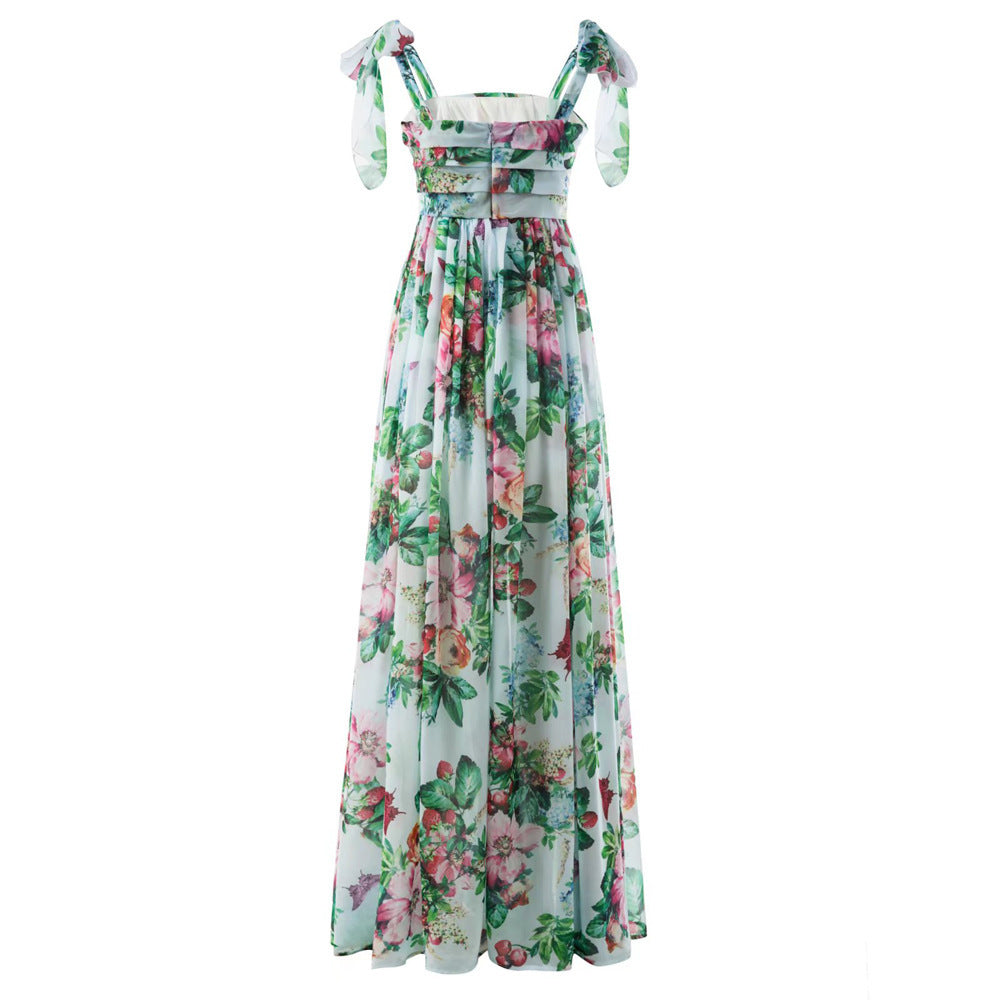 Summer Women Rose Print Pleated Wrapped Chest Wide Hem Flowy Strap Dress Women