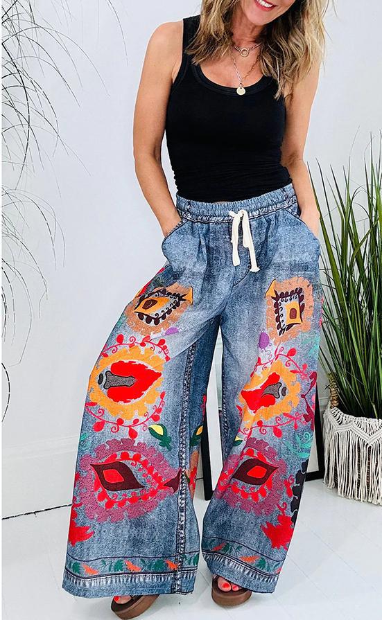 Pantalon décontracté ample à lacets pour femme, imprimé imitation denim, avec poches, printemps été