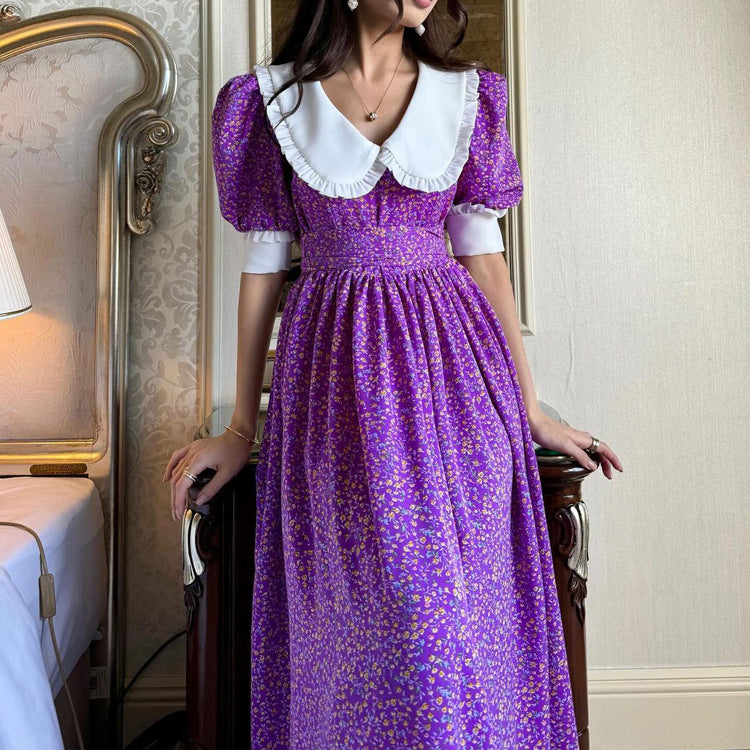 Vestido de mujer con cuello Peter Pan francés, manga corta, vestido morado con estampado floral y lazo en el cuello