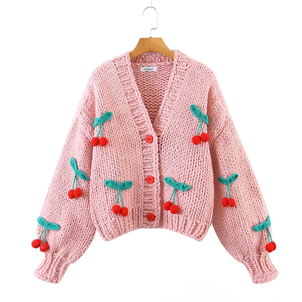 Autumn Two Color Sweater Coat Sweet Cute Cherry Pattern