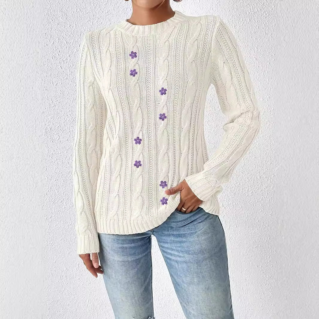 Ropa de mujer Otoño Invierno Jersey de cuello redondo Camisa de fondo Pegatinas florales bordadas Suéter tejido