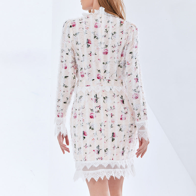 Otoño Invierno chica francesa suave dulce elegante Floral encaje cuello manga larga Vestido corto