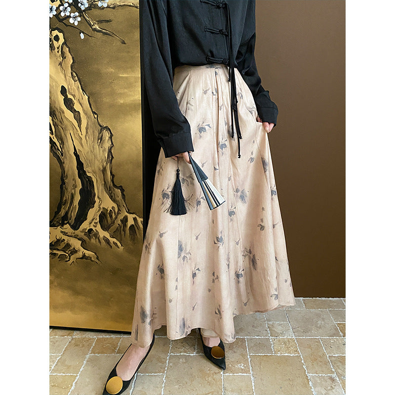 Chinese Zen Ink Painting Floral Drape Wide Leg Skort Early Spring