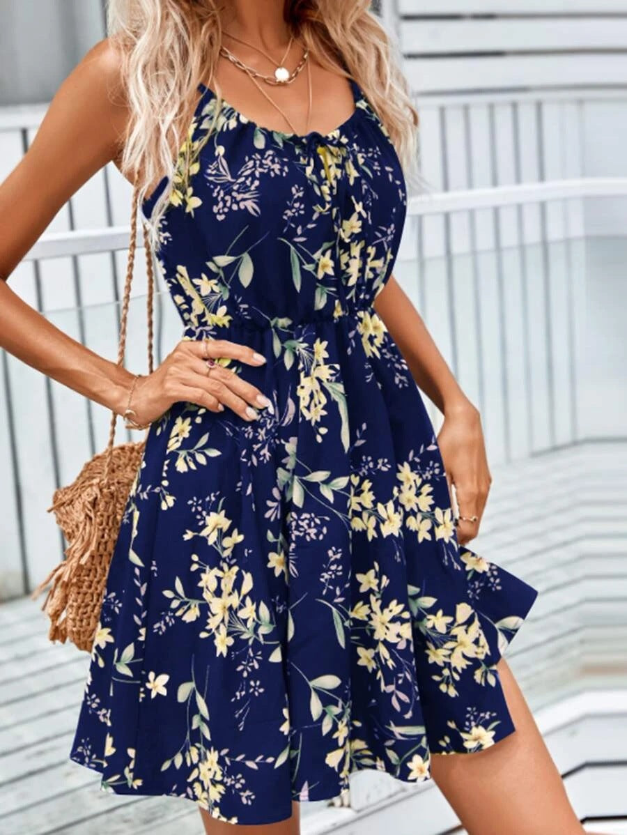 Summer Elegant Sleeveless Dress Pullover Print Elastic Waist Slip Dress Women