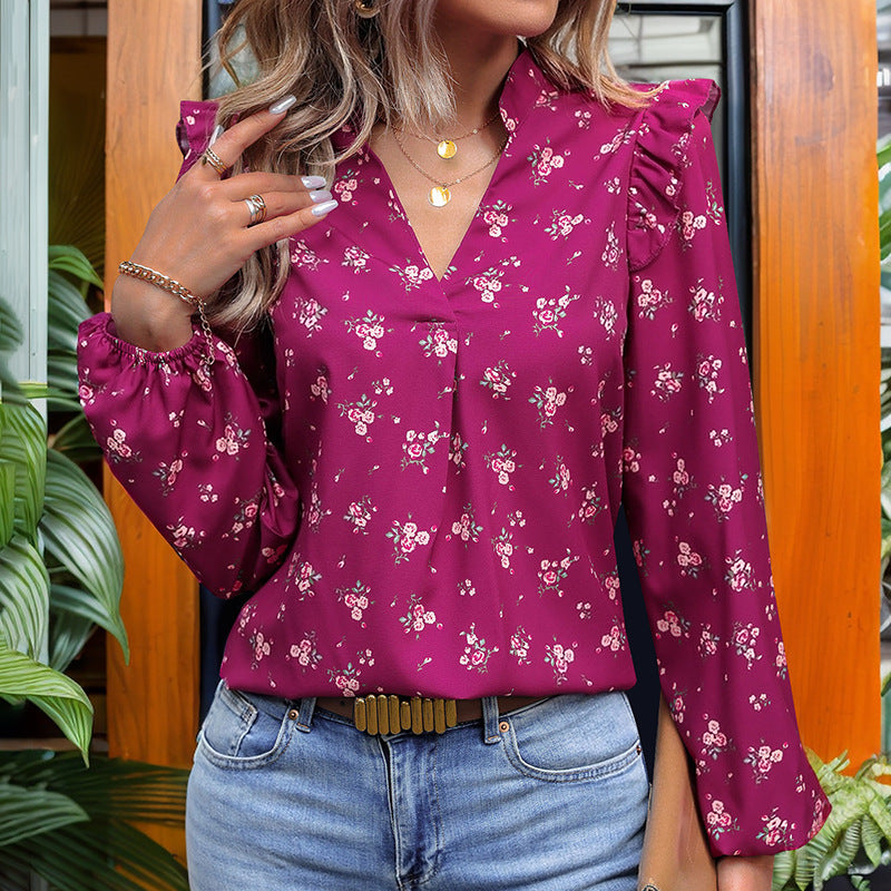 Fall Women Clothing Floral Print Long Sleeved Shirt Women