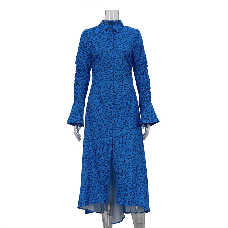 Blue Floral Shirt Dress Women Clothing Collared Bell Sleeve Pleated Design Dress