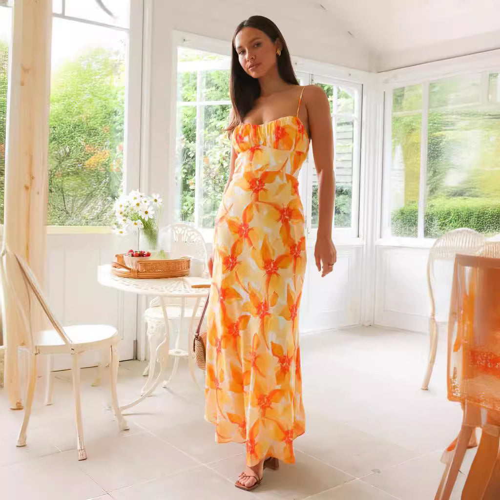 Robe mi-longue dos nu à imprimé floral d'été frais et doux