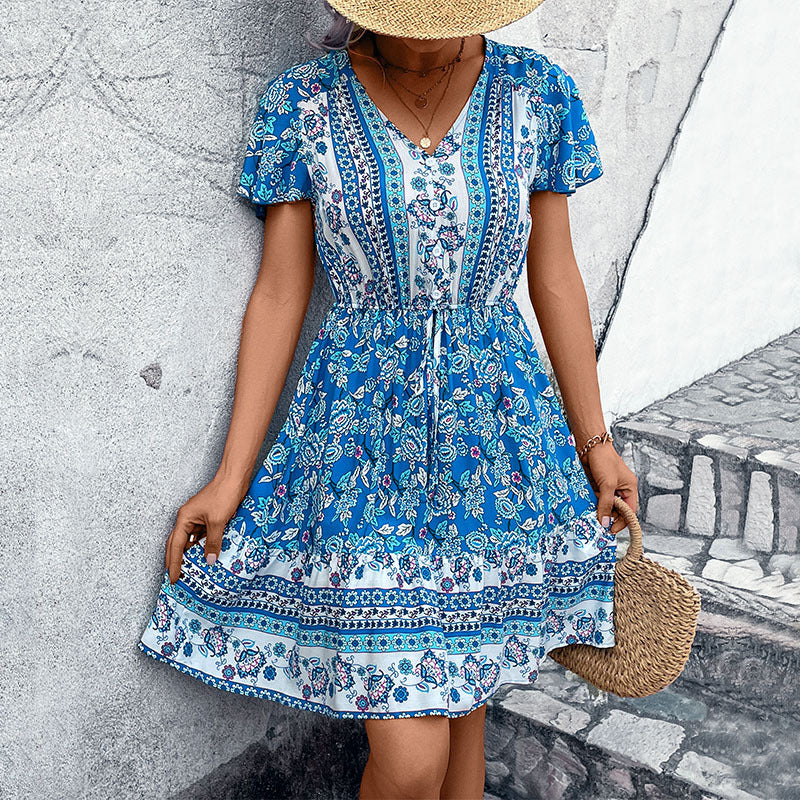 Vestido floral étnico con cuello en V para mujer de verano