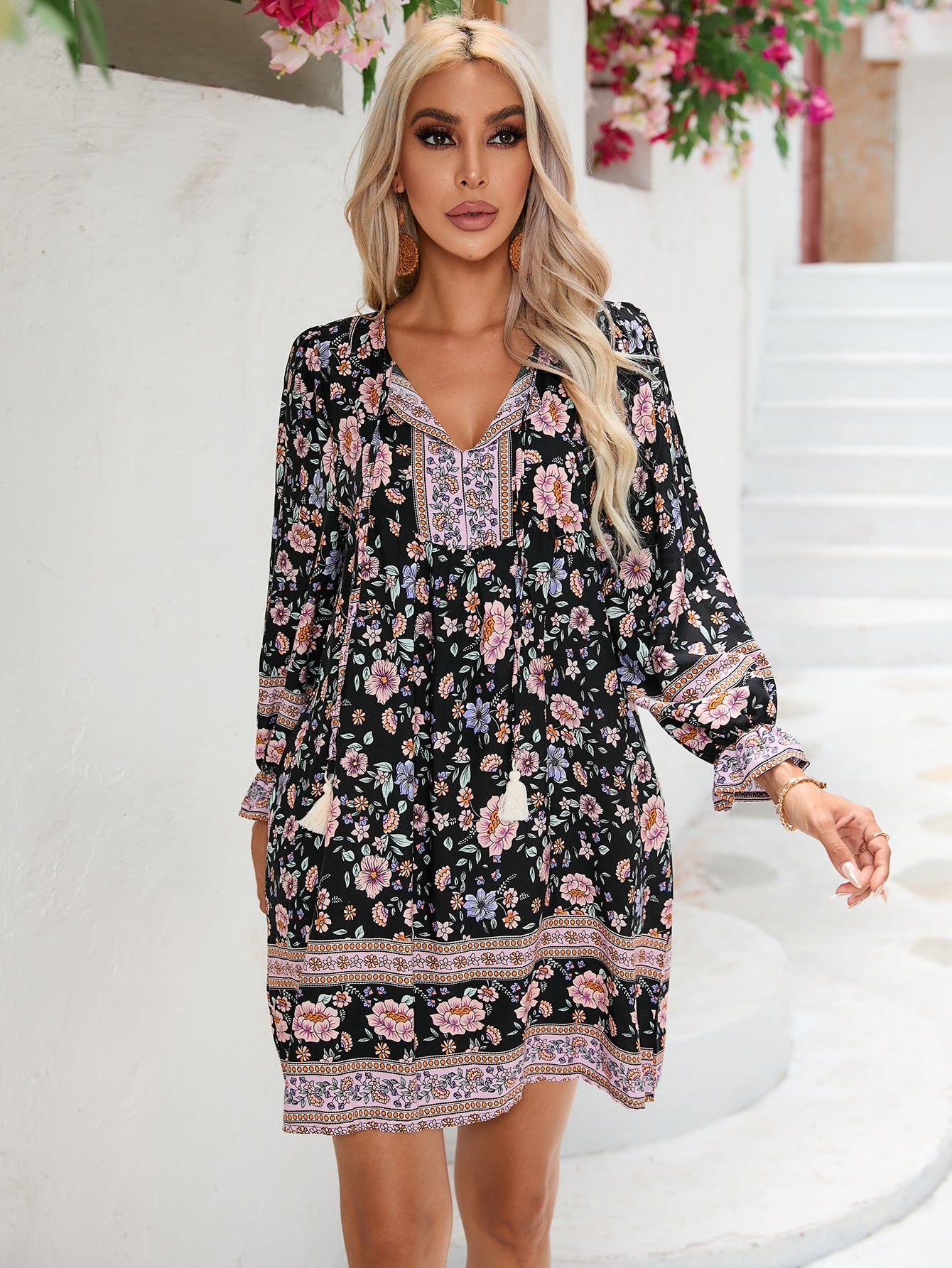 Robe florale de positionnement de vacances décontractée bohème à manches longues