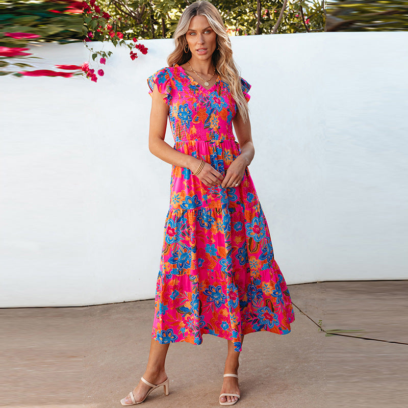 Verano fresco dulce vacaciones para mujer vestido sin mangas con estampado floral para mujer