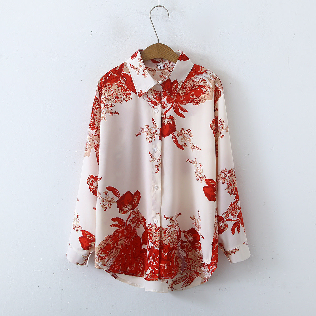 Autumn Korean Retro Simple Printed Long Sleeve Satin Shirt Women