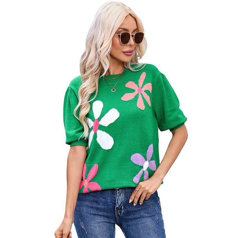 Simple All Match T Shirt Women Summer Floral Print Short Sleeve Round Neck Top Women