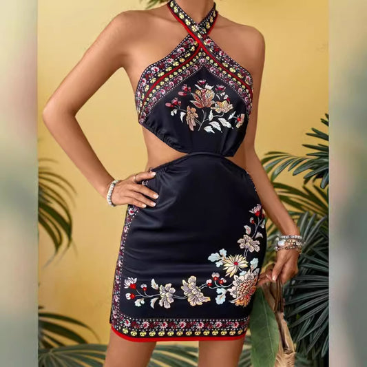 Robe de plage courte dos nu à imprimé sexy pour femmes