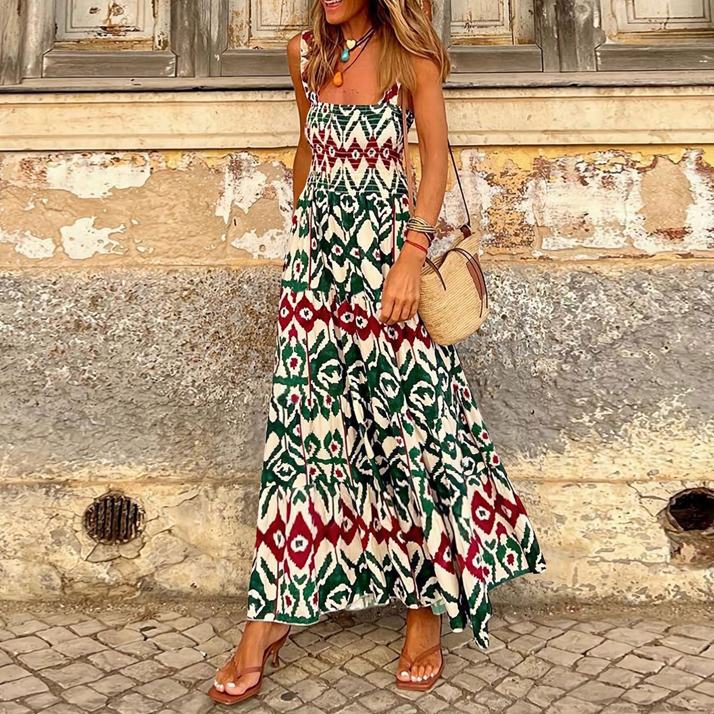 Summer Women Elegant Printed Elastic Cami Dress Vacation French Floral Strap Maxi Dress