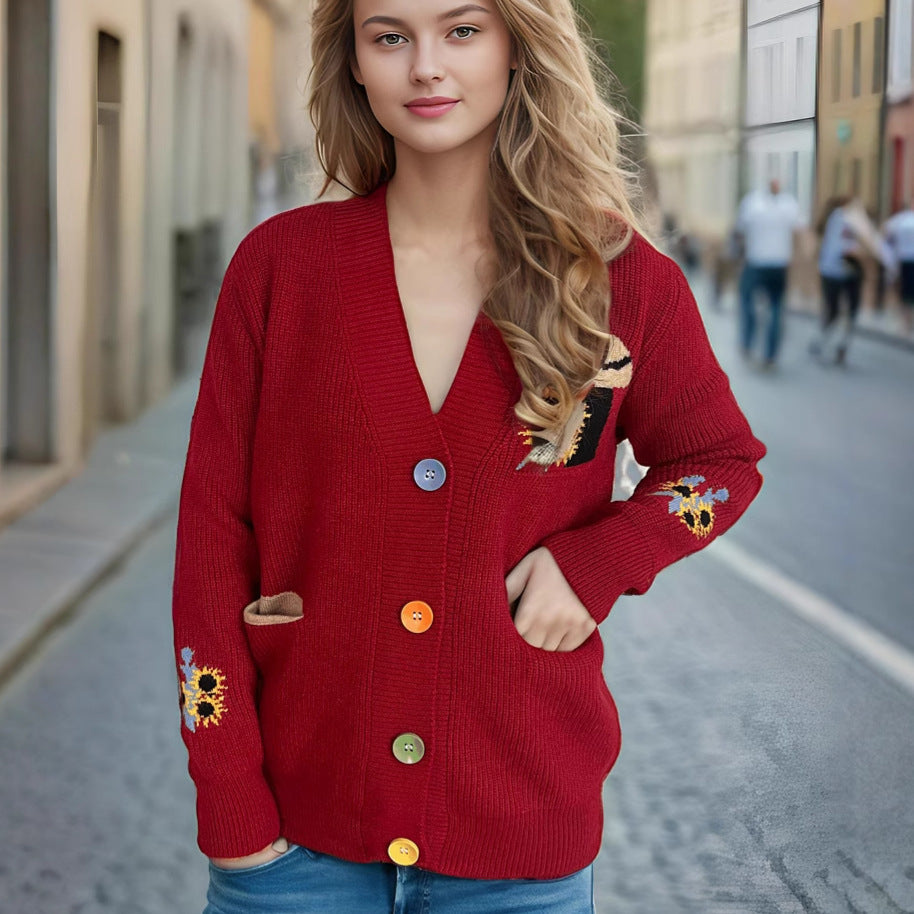 Autumn V Neck Embroidery Floral Casual All Matching Sweater Outerwear Women Sweater