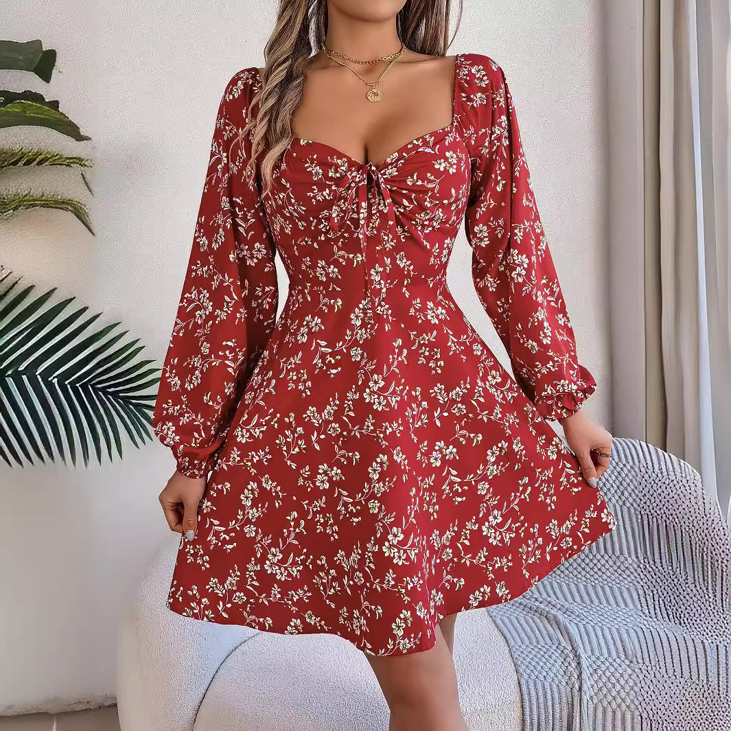 Automne hiver décontracté Sexy laçage col carré Floral à manches longues une ligne femmes vêtements