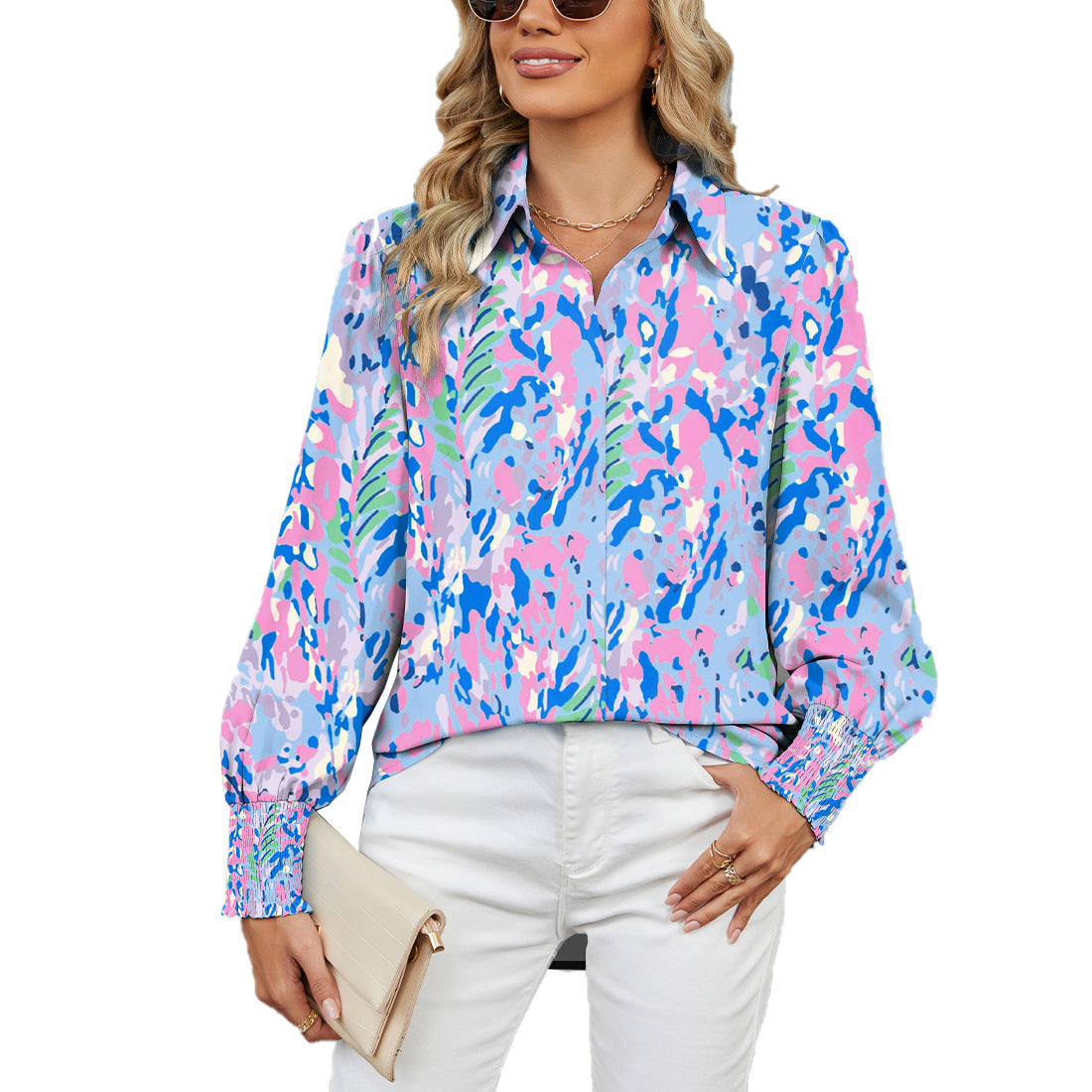 Camisa holgada con estampado de manga larga y cuello tipo Polo para otoño e invierno, camisa para mujer