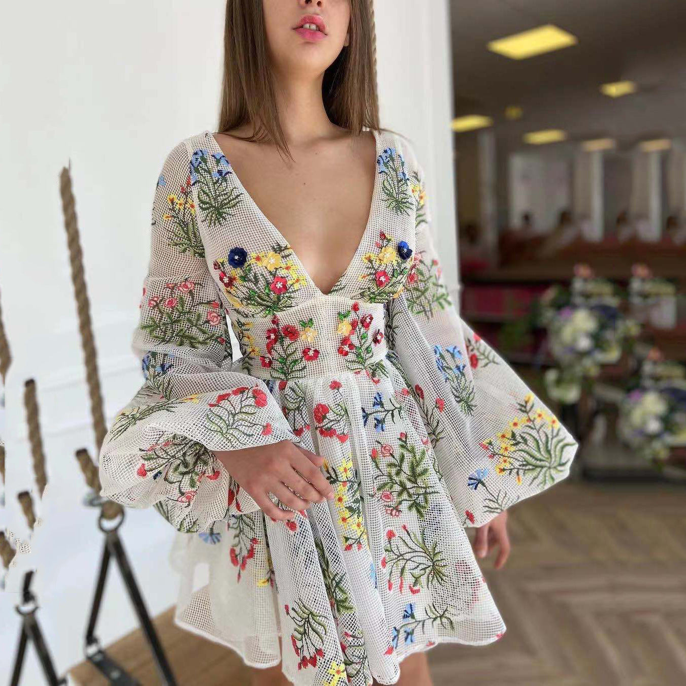 Summer Women Clothing Mesh Embroidered Design Lantern Sleeve Fairy Dress Birthday Party Dress