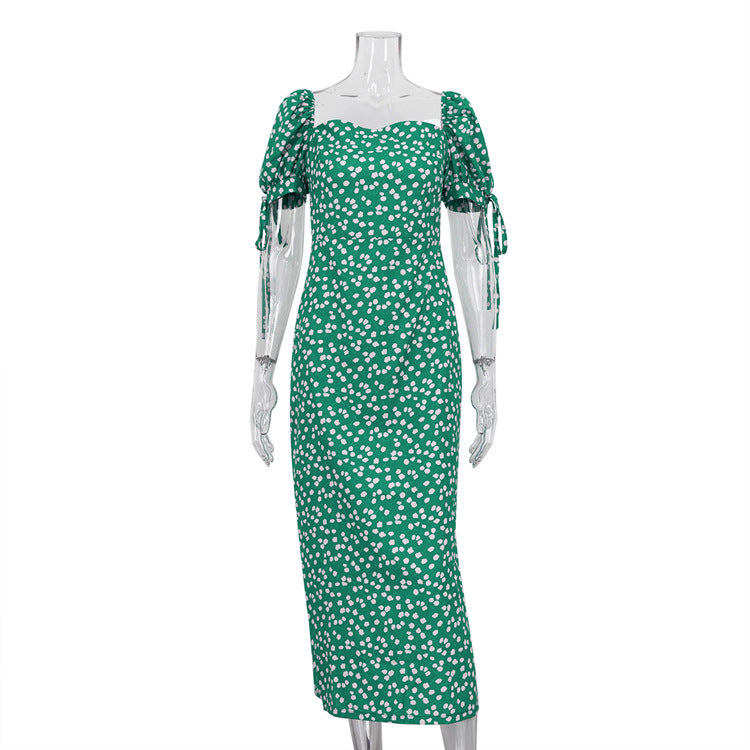 Robe longue à fleurs pour femmes, vêtements d'été, manches bouffantes, col rond, coupe cintrée, vêtements de vacances