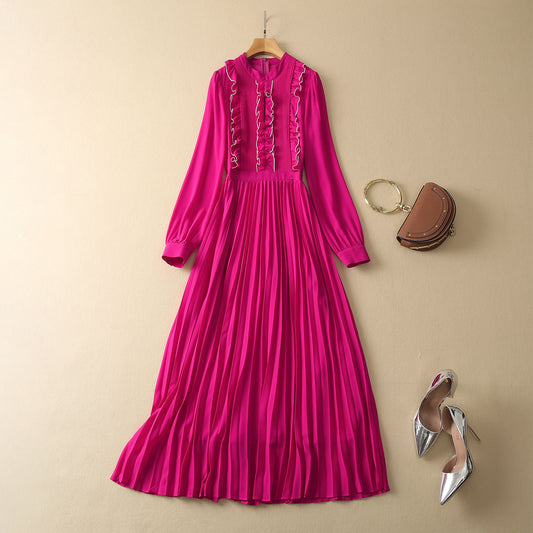 Small Stand Collar Fungus Pleated Long Sleeve Dress Women