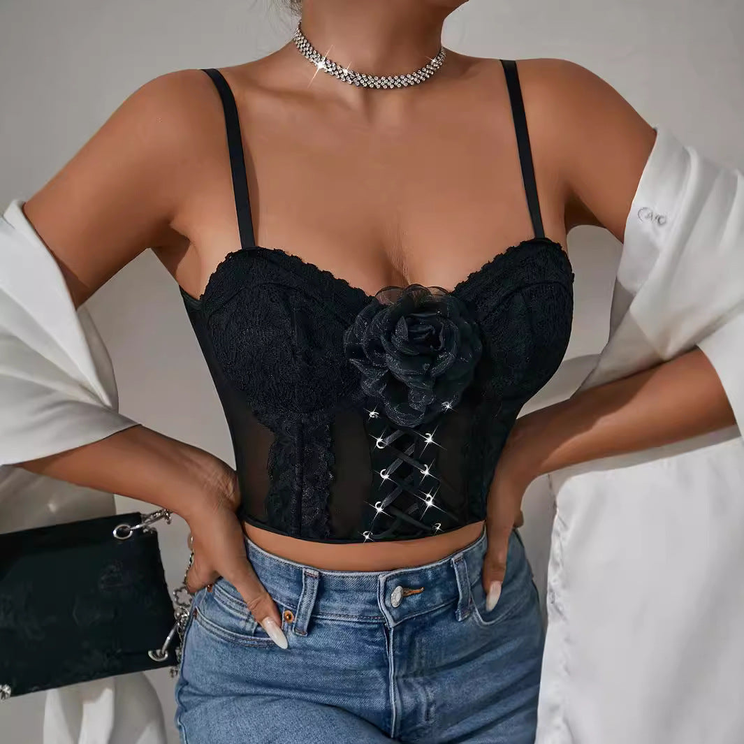 Corset sexy en maille enveloppée de poitrine avec bretelles florales et désossées pour femmes