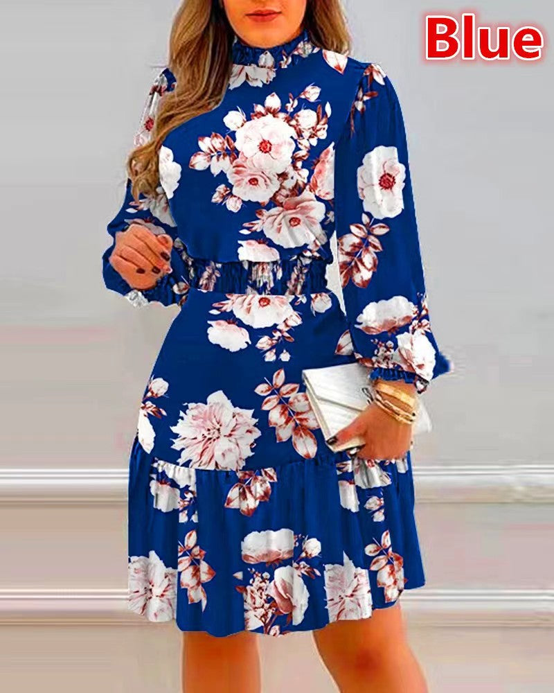 Vestido con estampado floral y cuello pila de temperamento a la moda para mujer