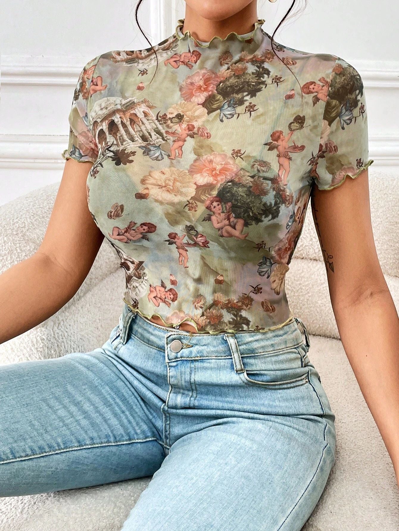 T-shirt à manches courtes en maille élégante à imprimé floral et à lisière filiforme Haut amincissant Vêtements pour femmes