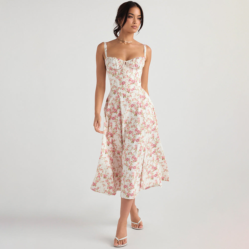 Summer Women Dress Slim Fit Slit Floral Hollow Out Hollow Out Cutout Backless Strap Dress