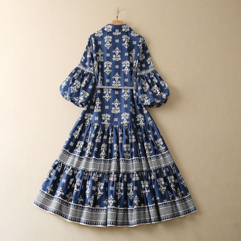 V-neck Lace-up Lantern Sleeve Cotton Silk Printing Dress