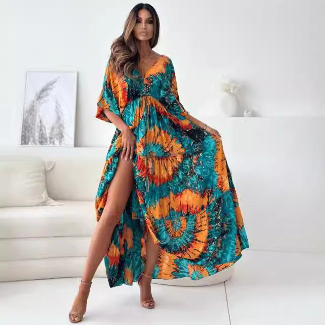 Vestido con abertura y estampado floral multicolor, sexy, escote en V profundo y manga tres cuartos de otoño