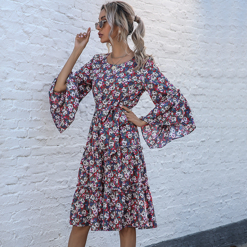 Early Autumn Floral Print Dress Middle East French Romantic Floral Women Clothing