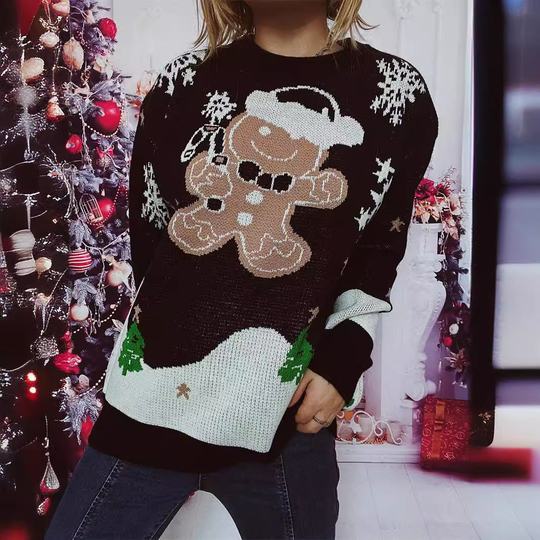 Christmas Sweater Cute Snowman Pattern round Neck Long Sleeve Knitted Pullover Year Sweater