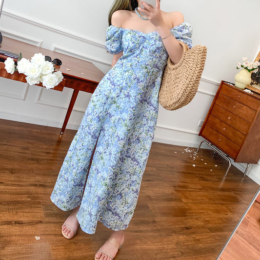 Linen Puff Sleeve Mid-length Dress Light Blue French Floral