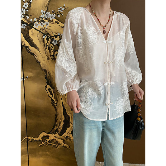 Sinan Chinese Pearl Buckle Design V Neck Embroidery Shirt Two Piece Sling