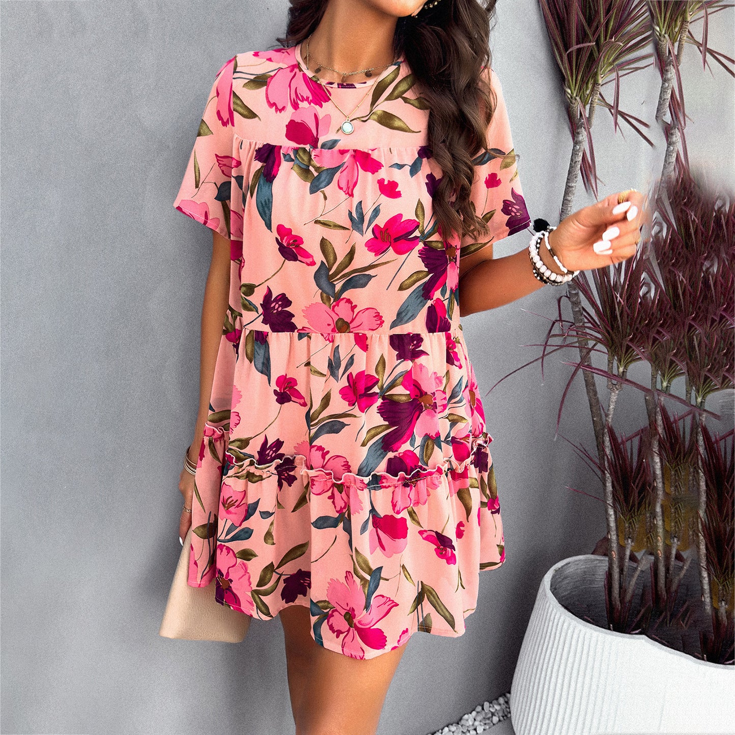 Women's Holiday Floral Print Short Sleeve Dress