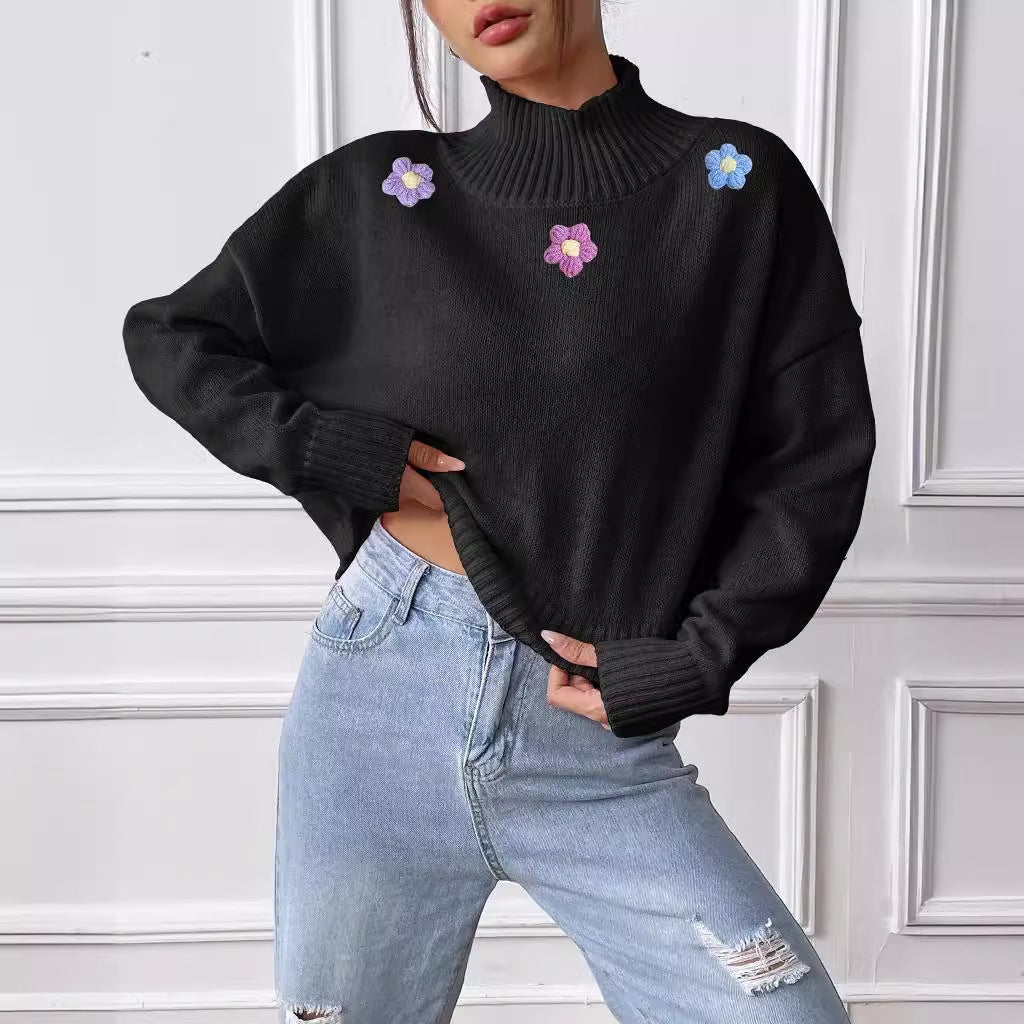 Suéter de cuello alto con collage floral tejido a mano para mujer, ropa informal holgada